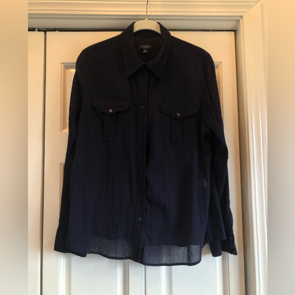 Talbots, nautical blue, gauzy button down with button back tab sleeves, 12